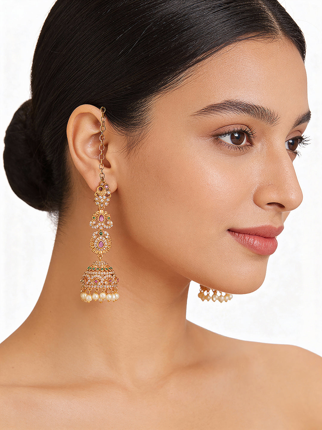 Gold Plated AD Studded Designer  Floral Motif Matil Earchain Jhumka Earrings