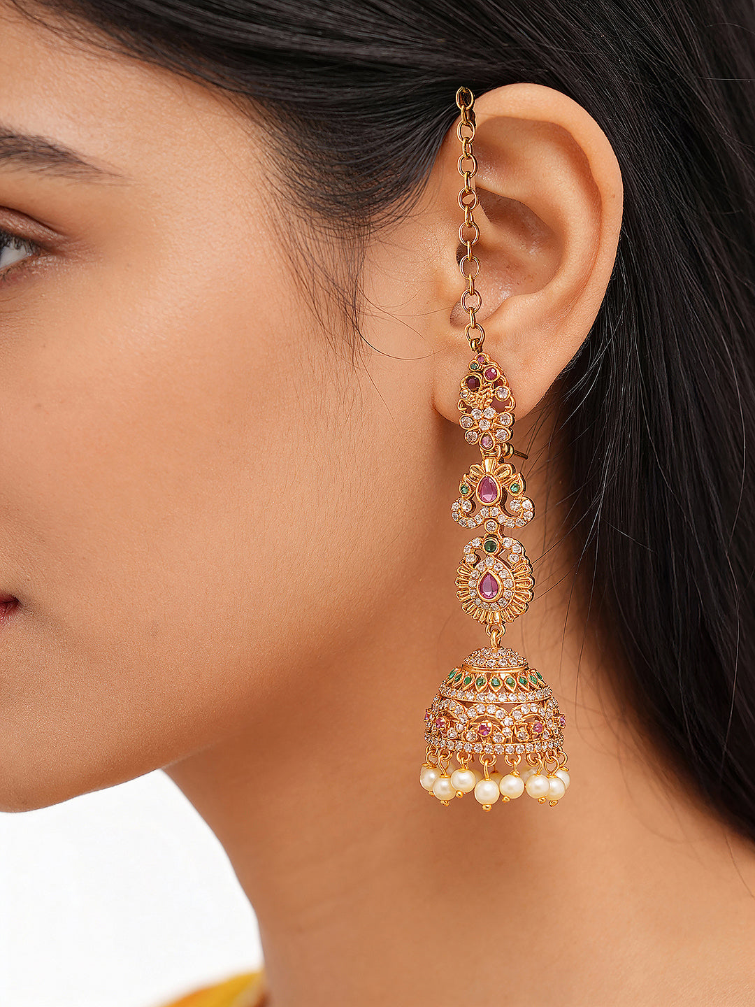 Gold Plated AD Studded Designer  Floral Motif Matil Earchain Jhumka Earrings