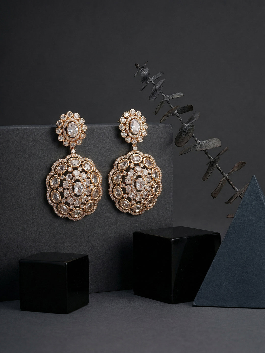 Gold Toned AD Zircon Studded Statement Dangler Drop Earrings