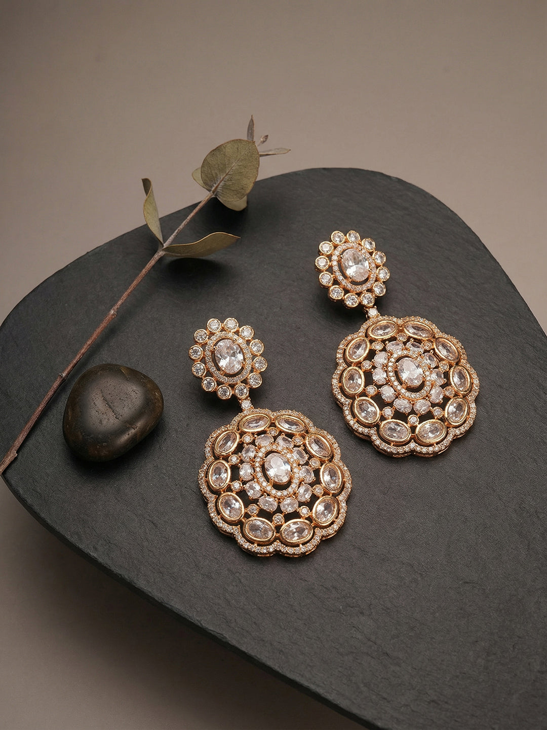 Gold Toned AD Zircon Studded Statement Dangler Drop Earrings