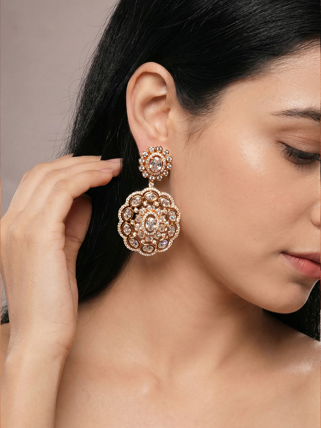 Gold Toned AD Zircon Studded Statement Dangler Drop Earrings