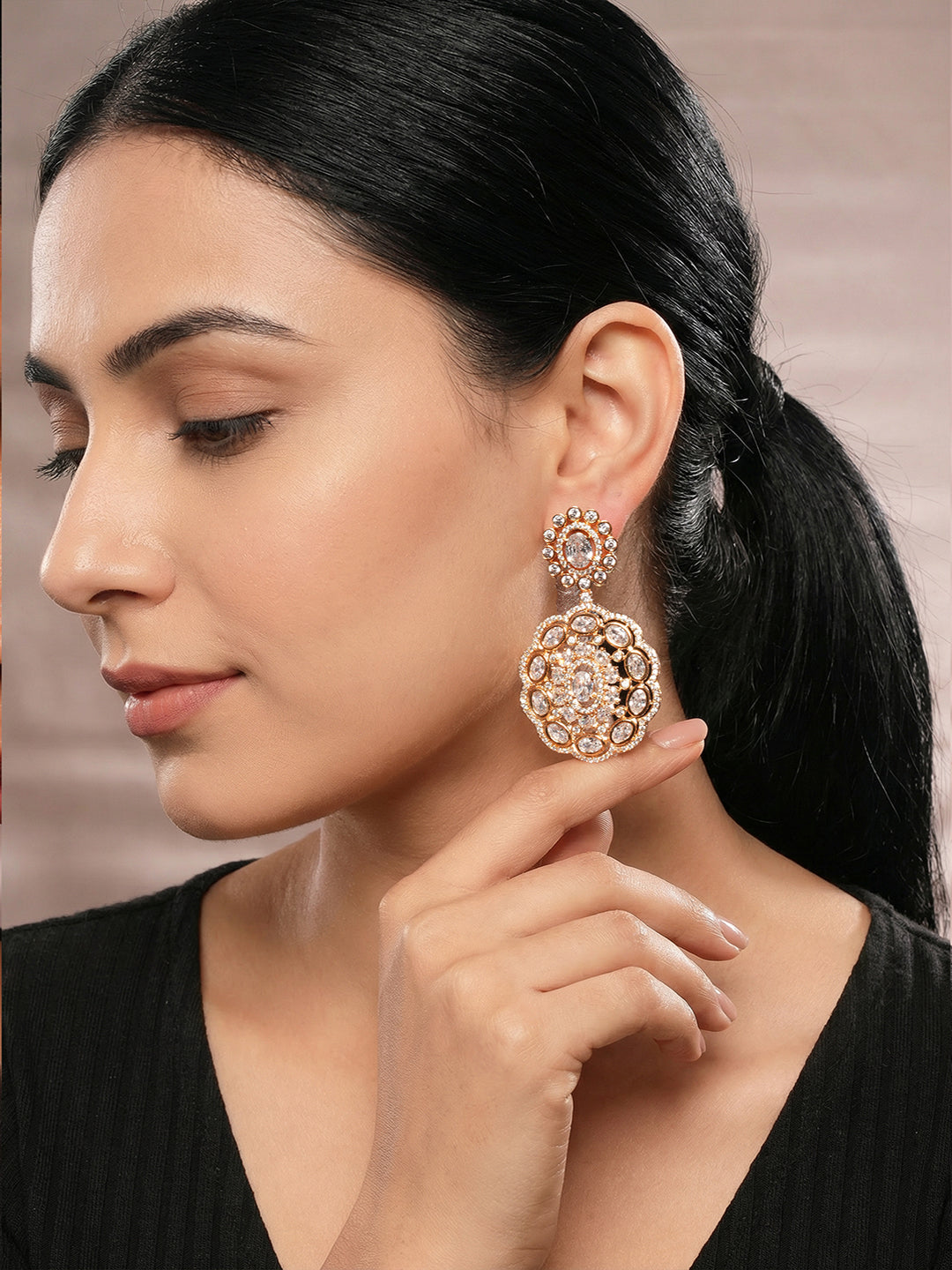 Gold Toned AD Zircon Studded Statement Dangler Drop Earrings
