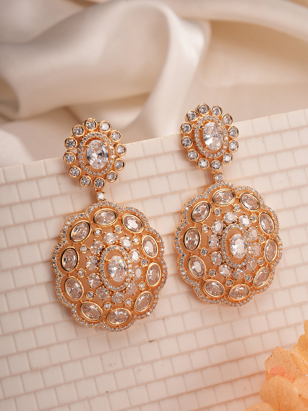 Gold Toned AD Zircon Studded Statement Dangler Drop Earrings