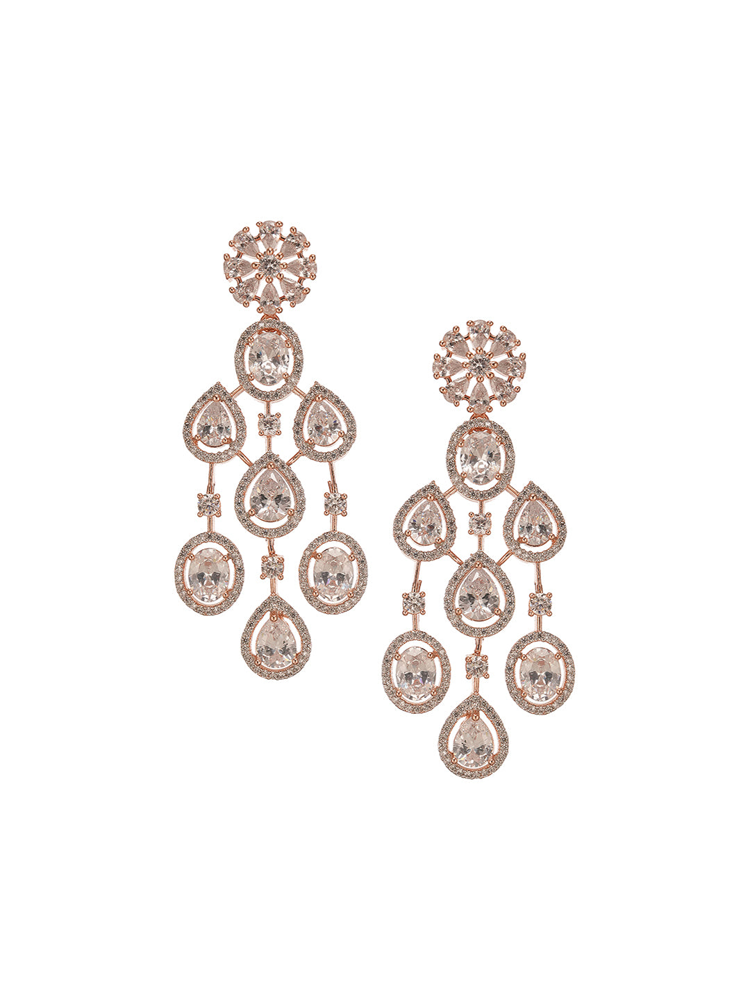 Rose Gold Toned White Zircon AD Studded Statement Chandelier Drop Earrings