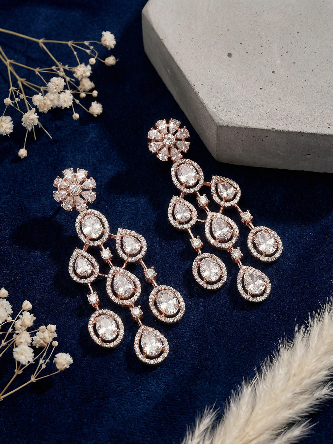 Rose Gold Toned White Zircon AD Studded Statement Chandelier Drop Earrings
