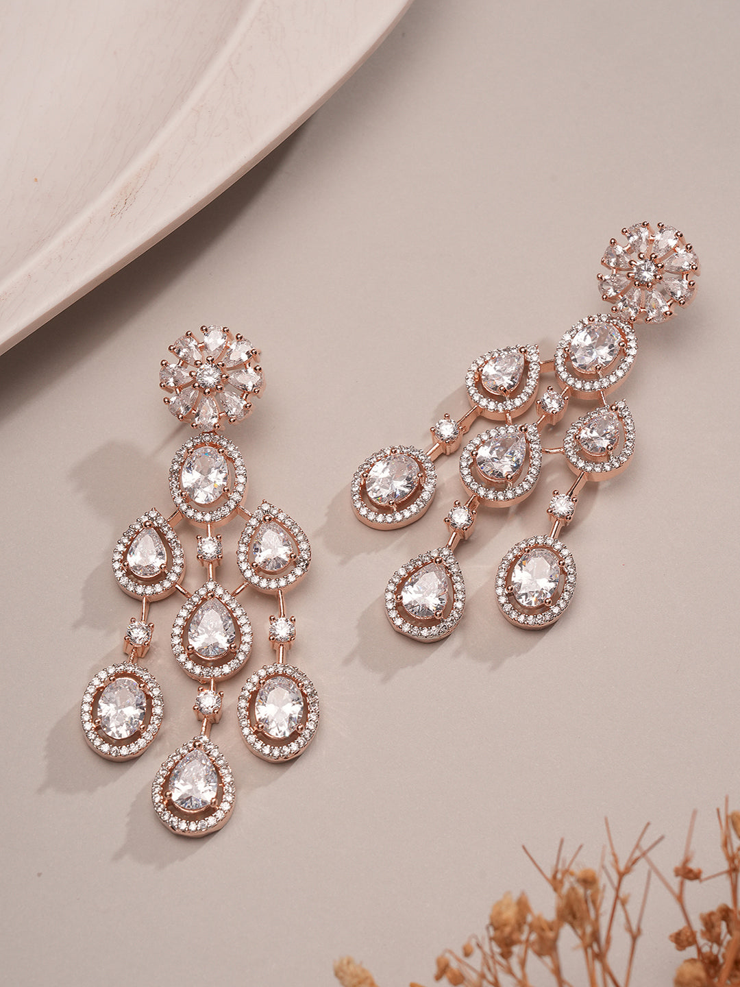 Rose Gold Toned White Zircon AD Studded Statement Chandelier Drop Earrings