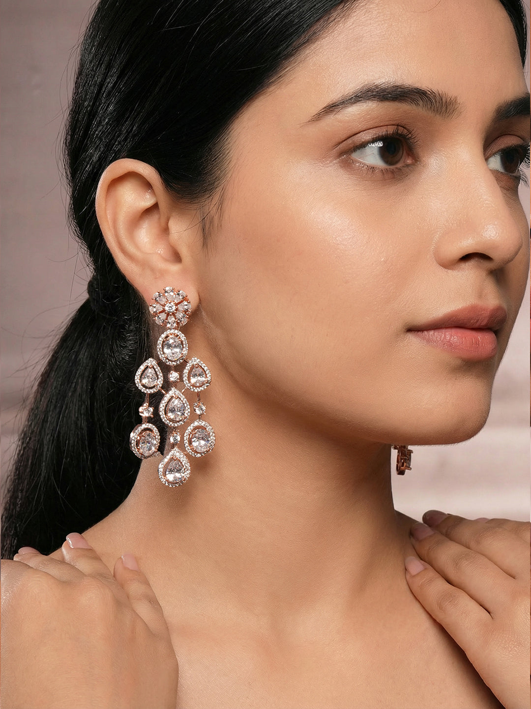 Rose Gold Toned White Zircon AD Studded Statement Chandelier Drop Earrings