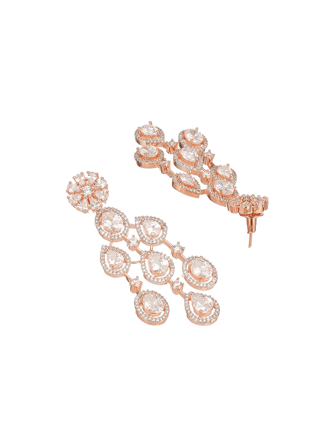 Rose Gold Toned White Zircon AD Studded Statement Chandelier Drop Earrings