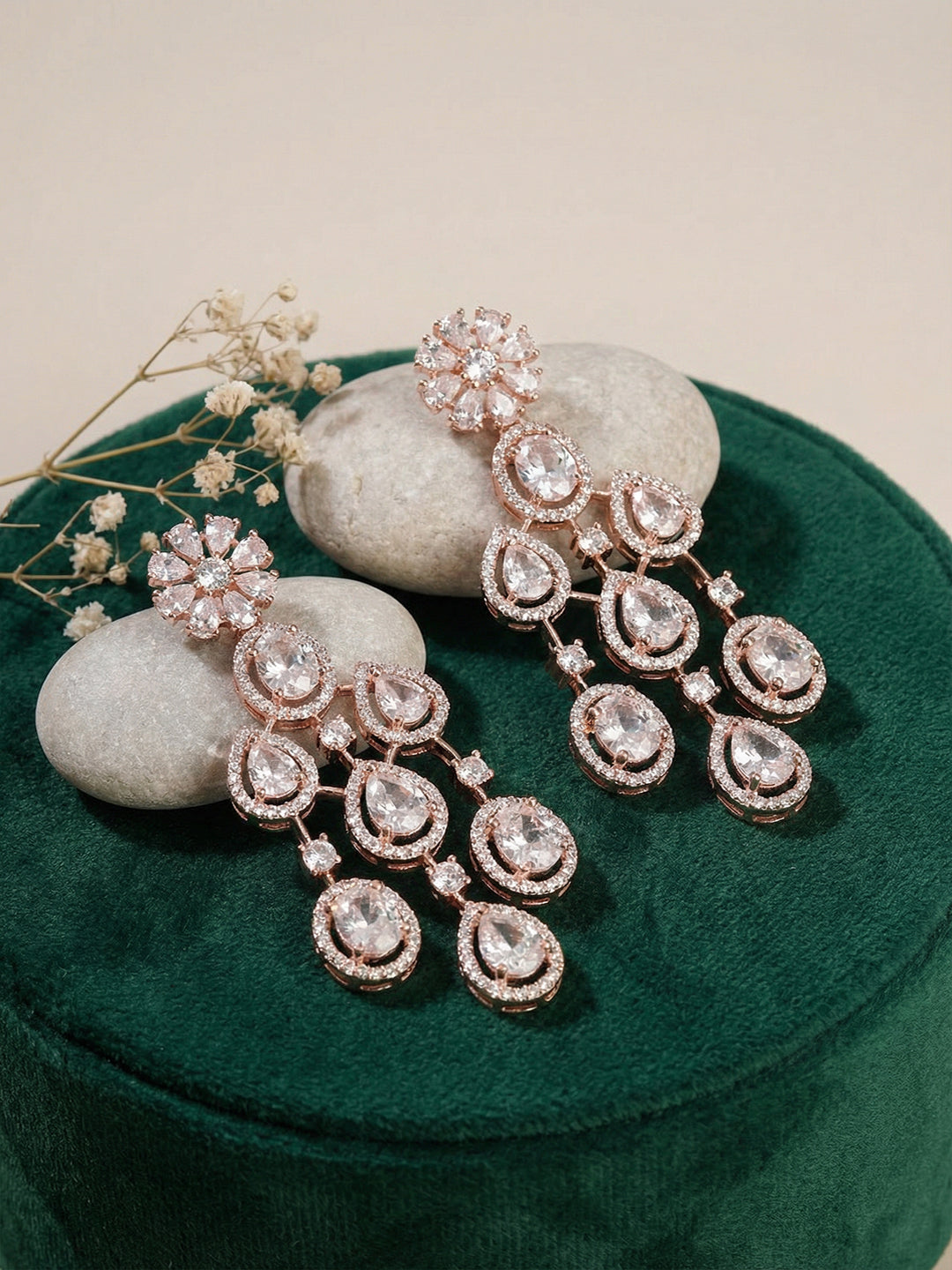 Rose Gold Toned White Zircon AD Studded Statement Chandelier Drop Earrings