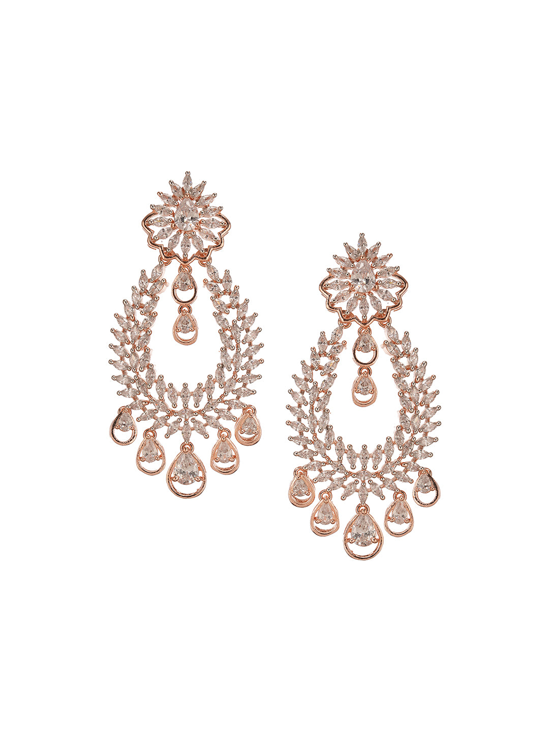 Rose Gold Plated Zircon AD Studded Contemporary Chandbali Drop Earrings
