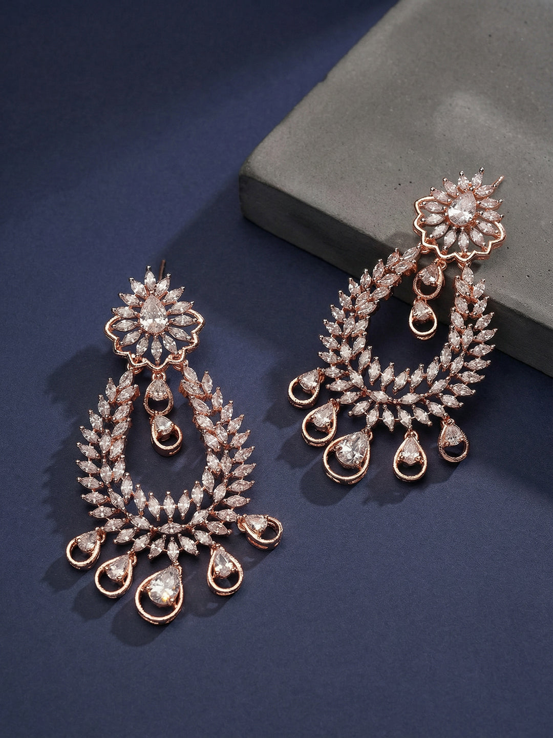 Rose Gold Plated Zircon AD Studded Contemporary Chandbali Drop Earrings