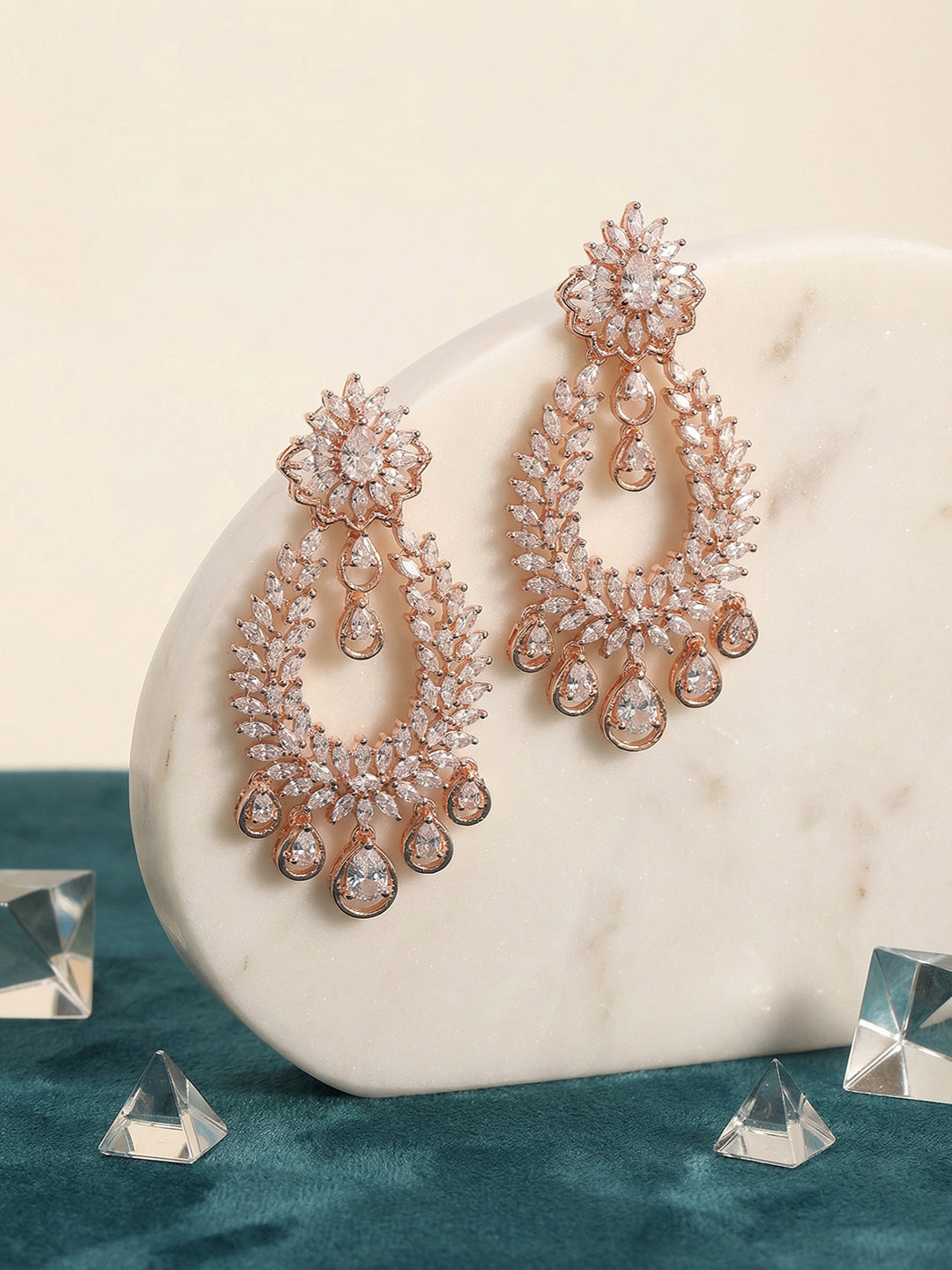 Rose Gold Plated Zircon AD Studded Contemporary Chandbali Drop Earrings