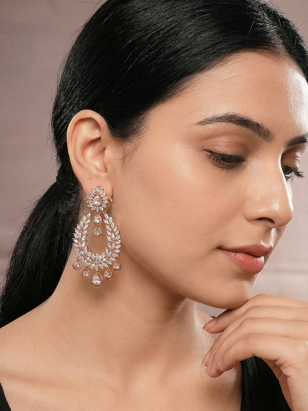Rose Gold Plated Zircon AD Studded Contemporary Chandbali Drop Earrings
