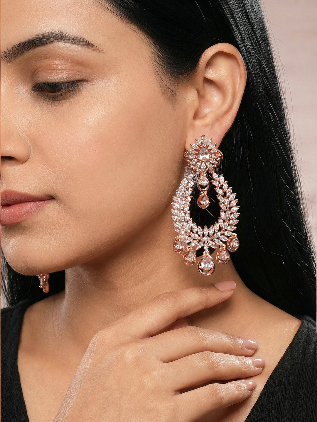 Rose Gold Plated Zircon AD Studded Contemporary Chandbali Drop Earrings