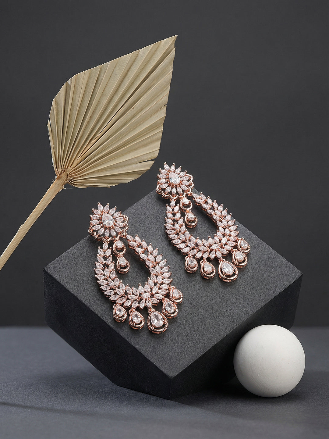Rose Gold Plated Zircon AD Studded Contemporary Chandbali Drop Earrings
