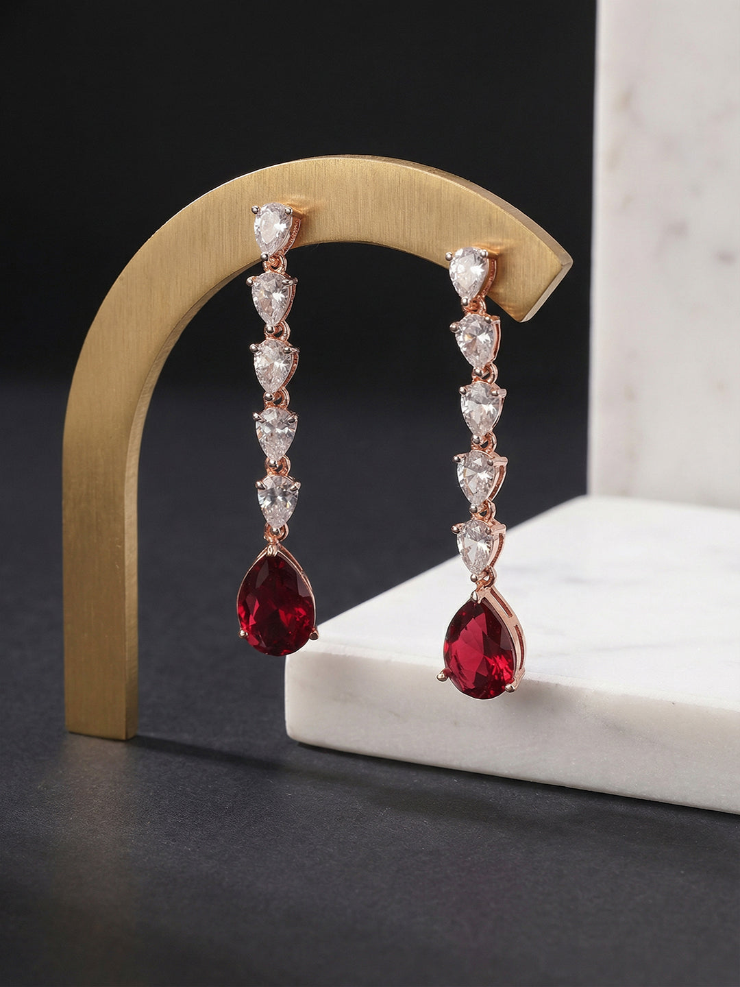 Rose Gold Plated Red Ruby Zircon Minimal Drop Dangler Earrings