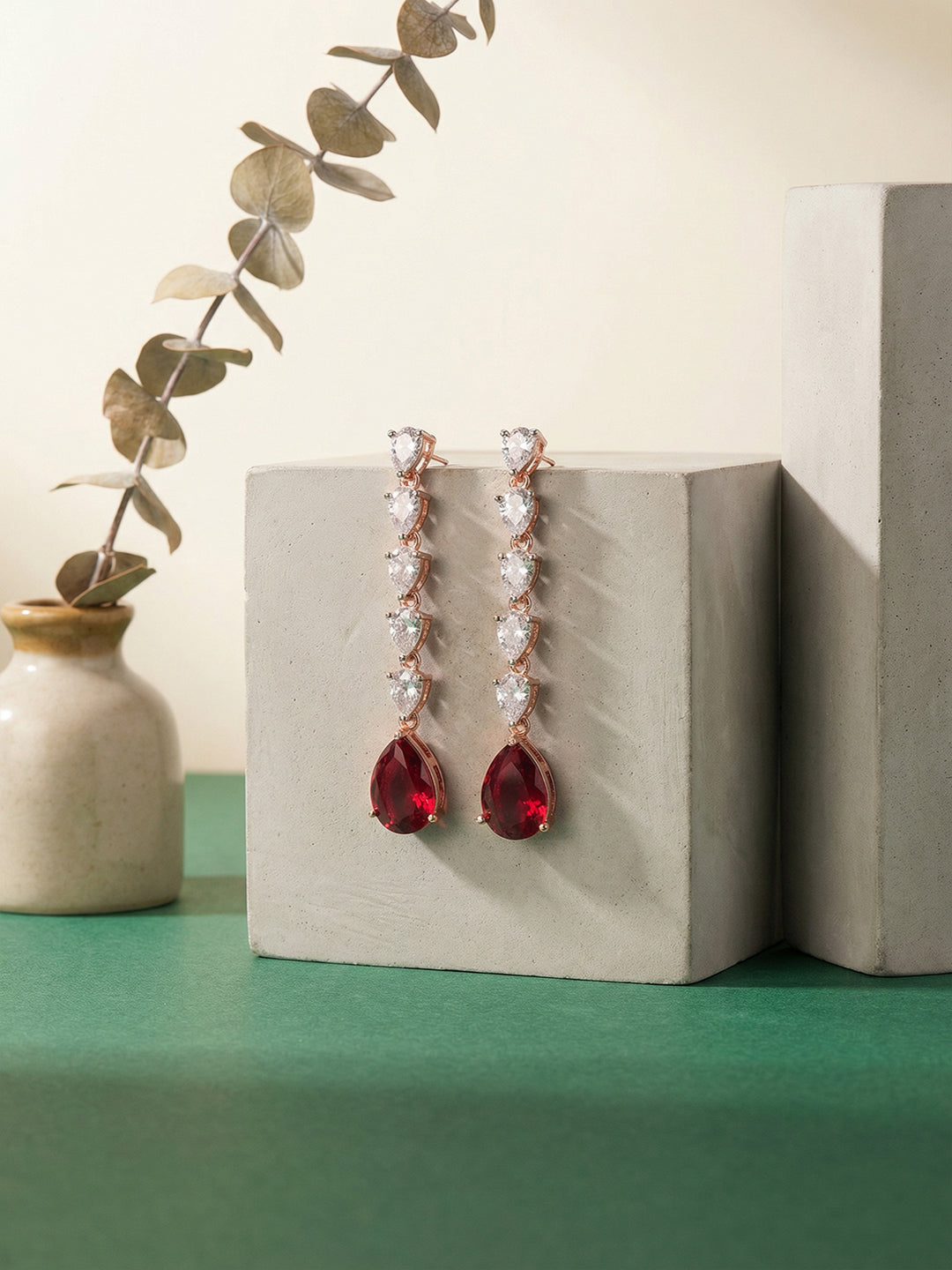 Rose Gold Plated Red Ruby Zircon Minimal Drop Dangler Earrings