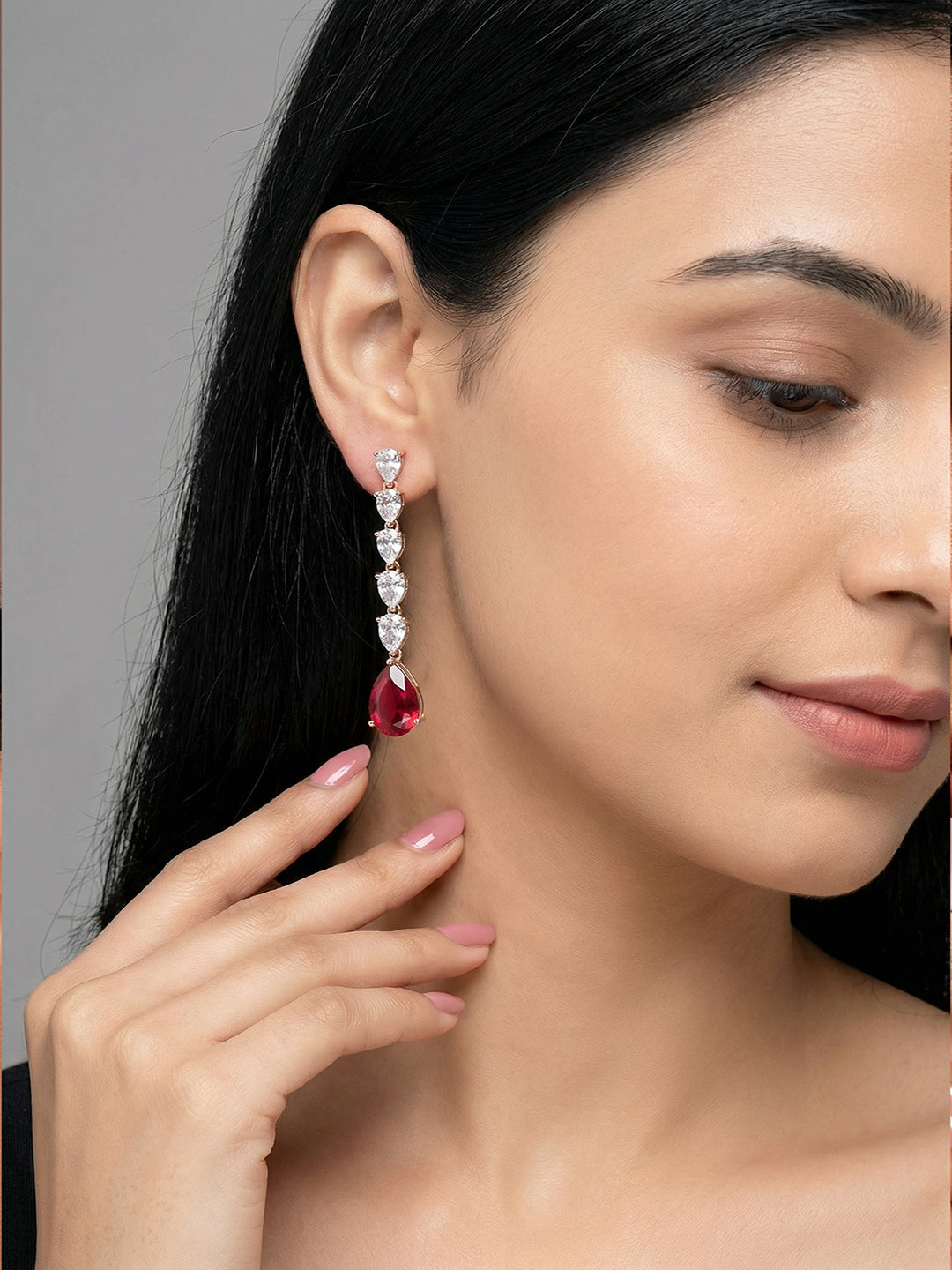 Rose Gold Plated Red Ruby Zircon Minimal Drop Dangler Earrings