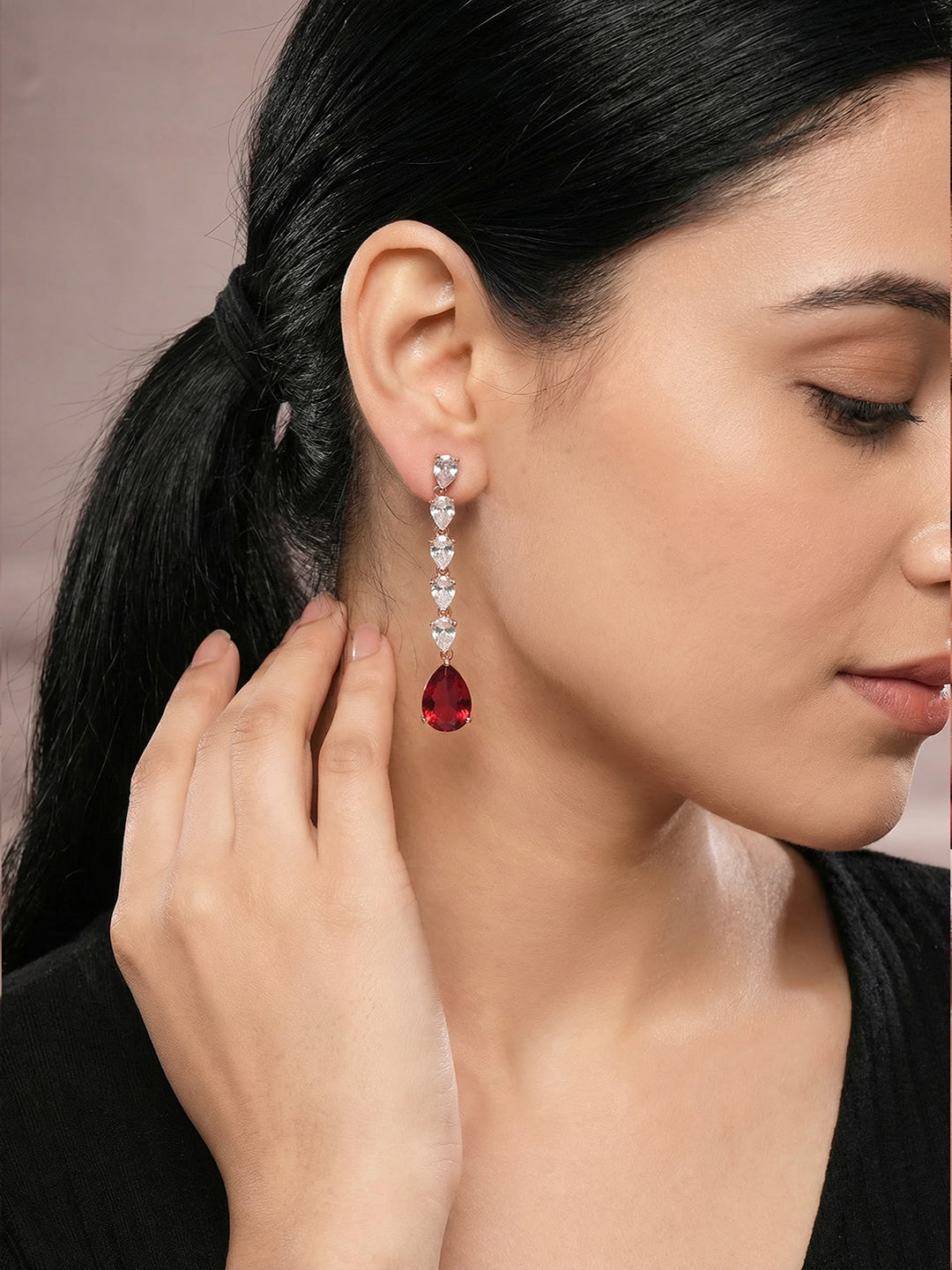 Rose Gold Plated Red Ruby Zircon Minimal Drop Dangler Earrings
