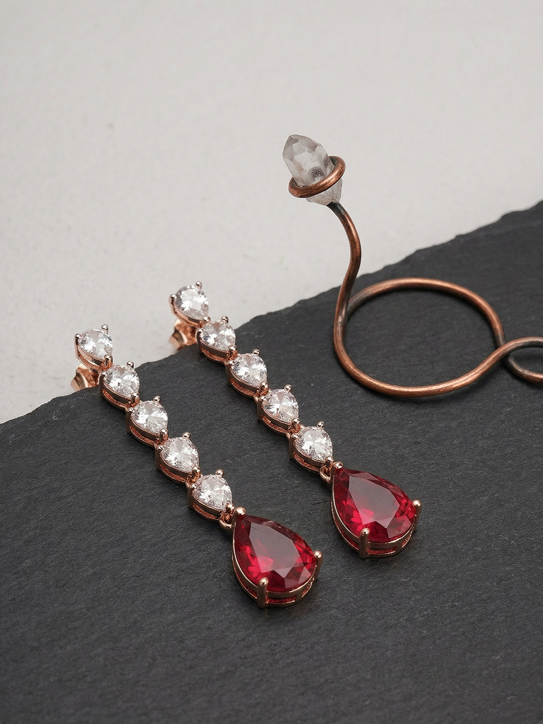 Rose Gold Plated Red Ruby Zircon Minimal Drop Dangler Earrings