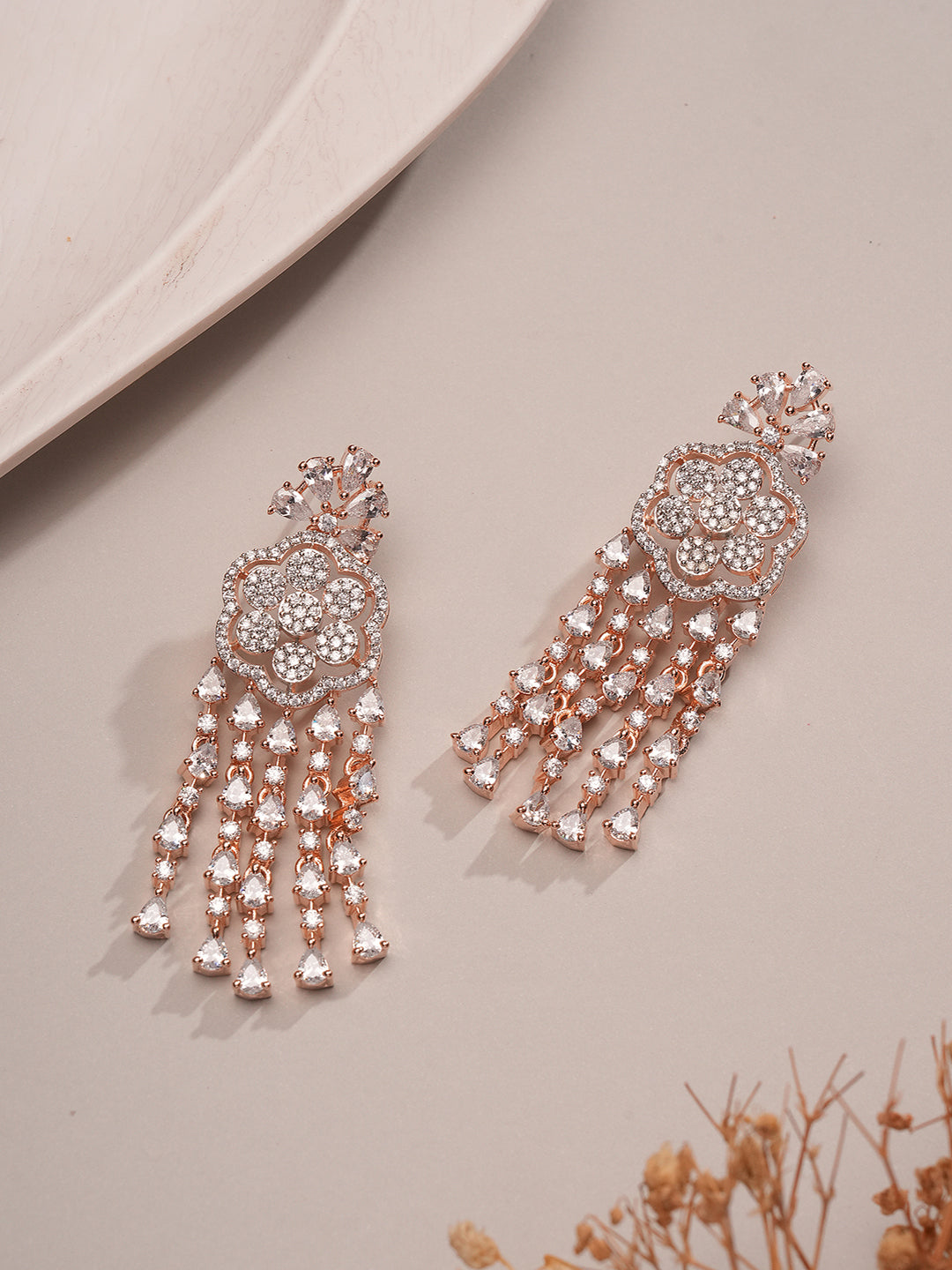 Rose Gold Plated White Zircon AD Embellished Statement Chandbali Earrings