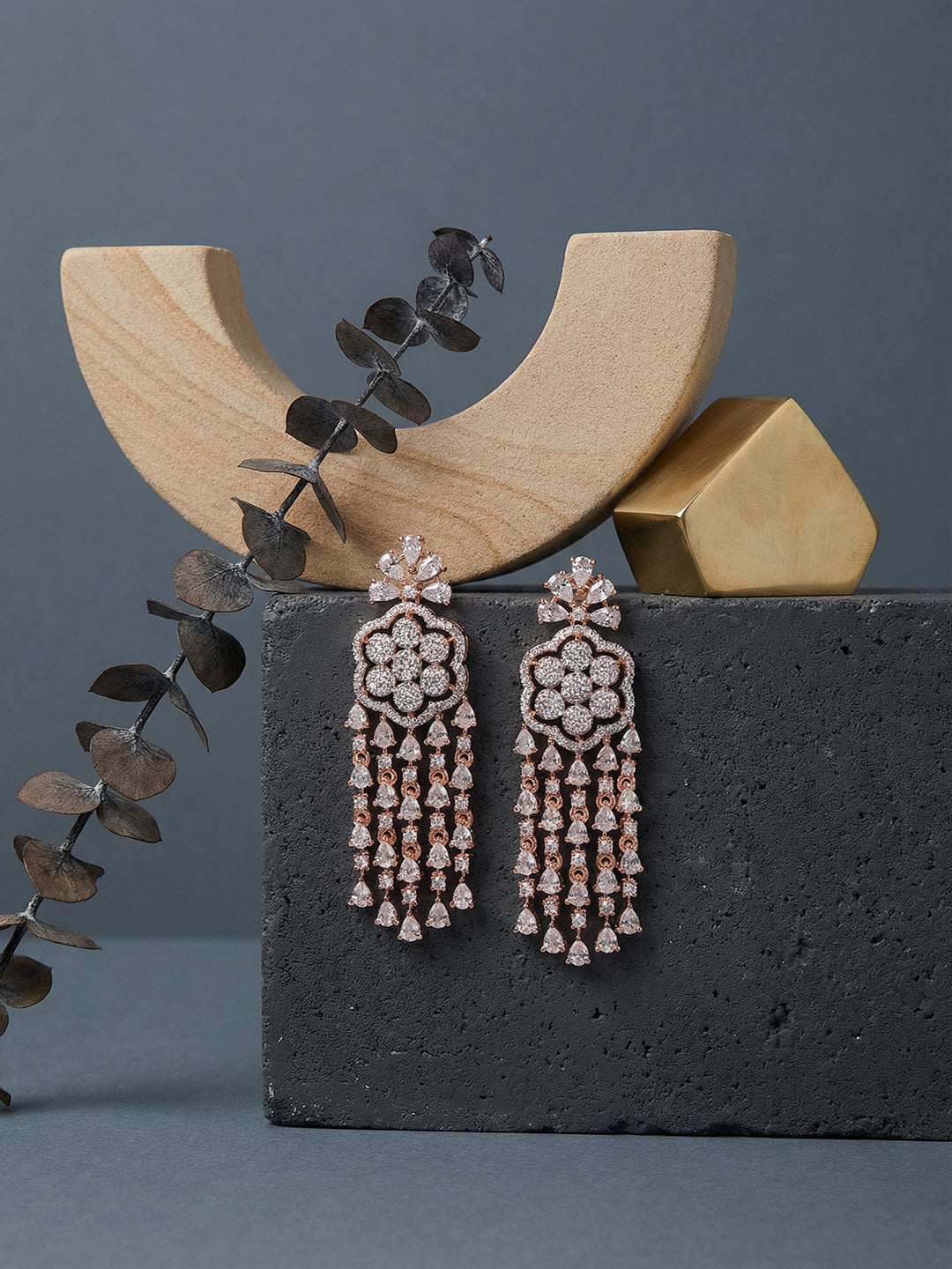 Rose Gold Plated White Zircon AD Embellished Statement Chandbali Earrings