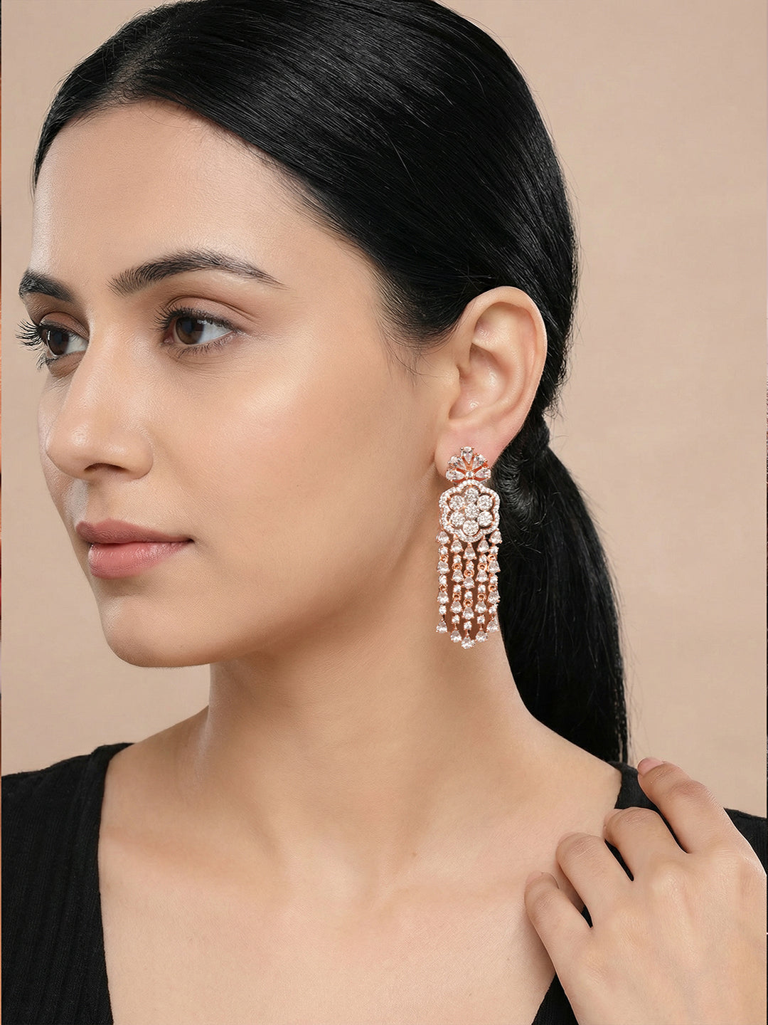 Rose Gold Plated White Zircon AD Embellished Statement Chandbali Earrings