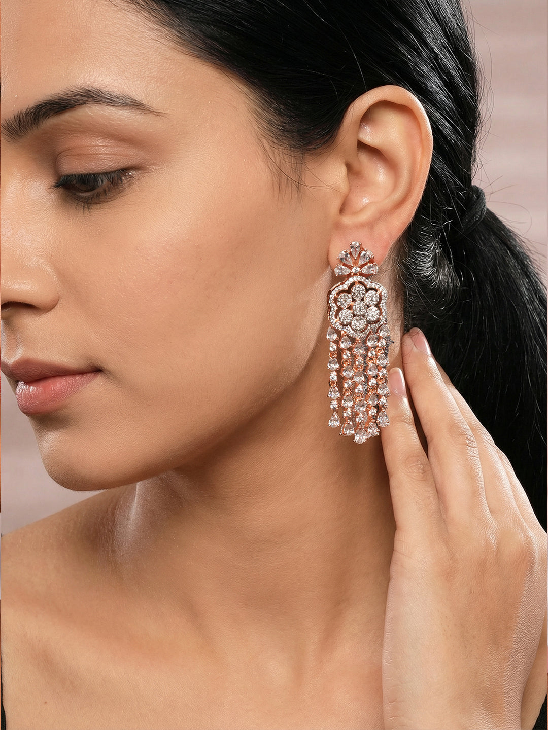 Rose Gold Plated White Zircon AD Embellished Statement Chandbali Earrings