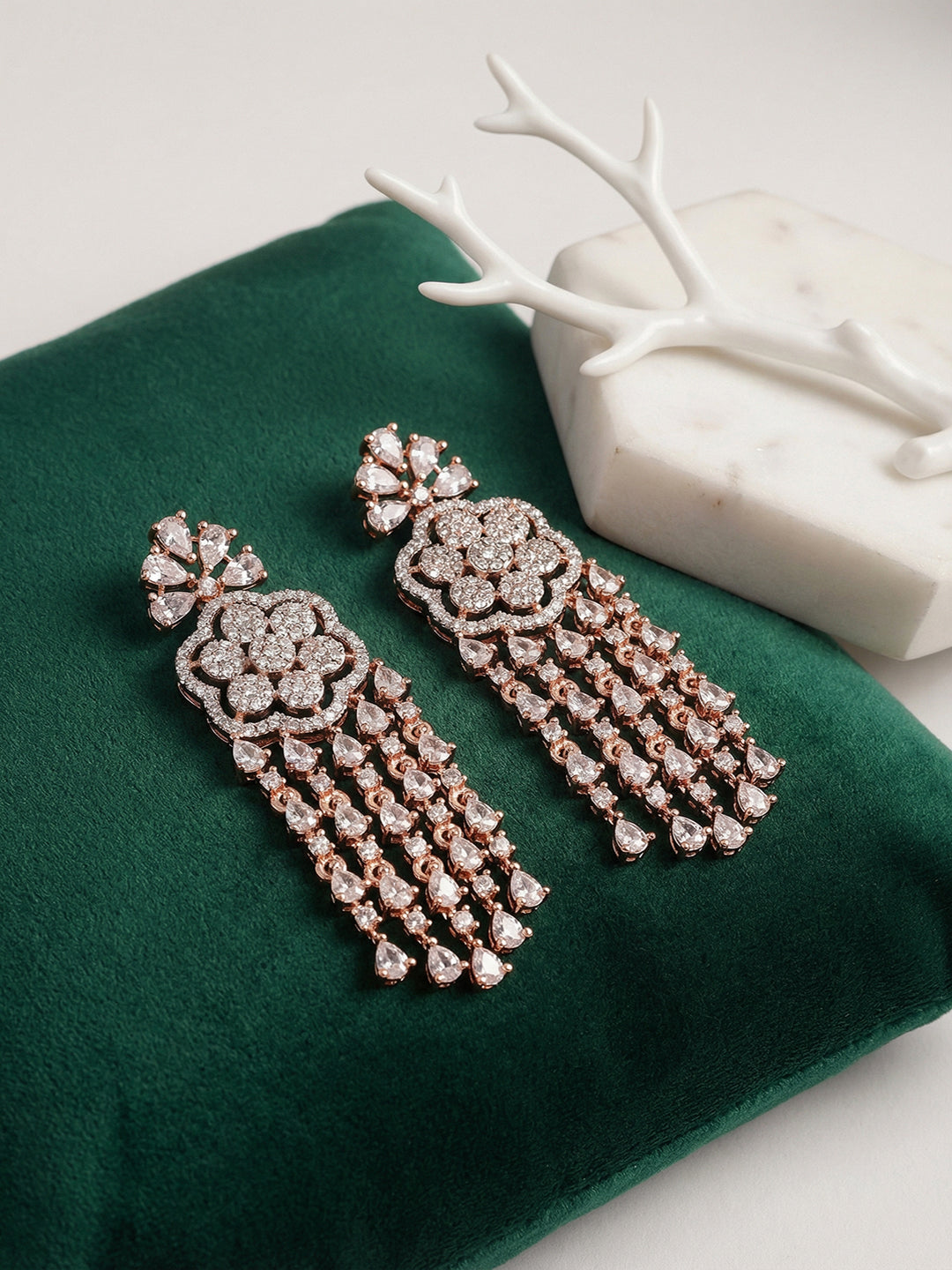 Rose Gold Plated White Zircon AD Embellished Statement Chandbali Earrings