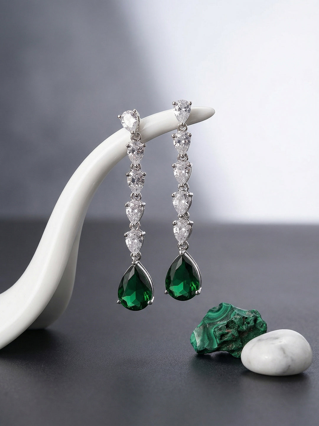 Silver Rhodium Plated Emerald Green Zirconia Designer Bridal Earrings