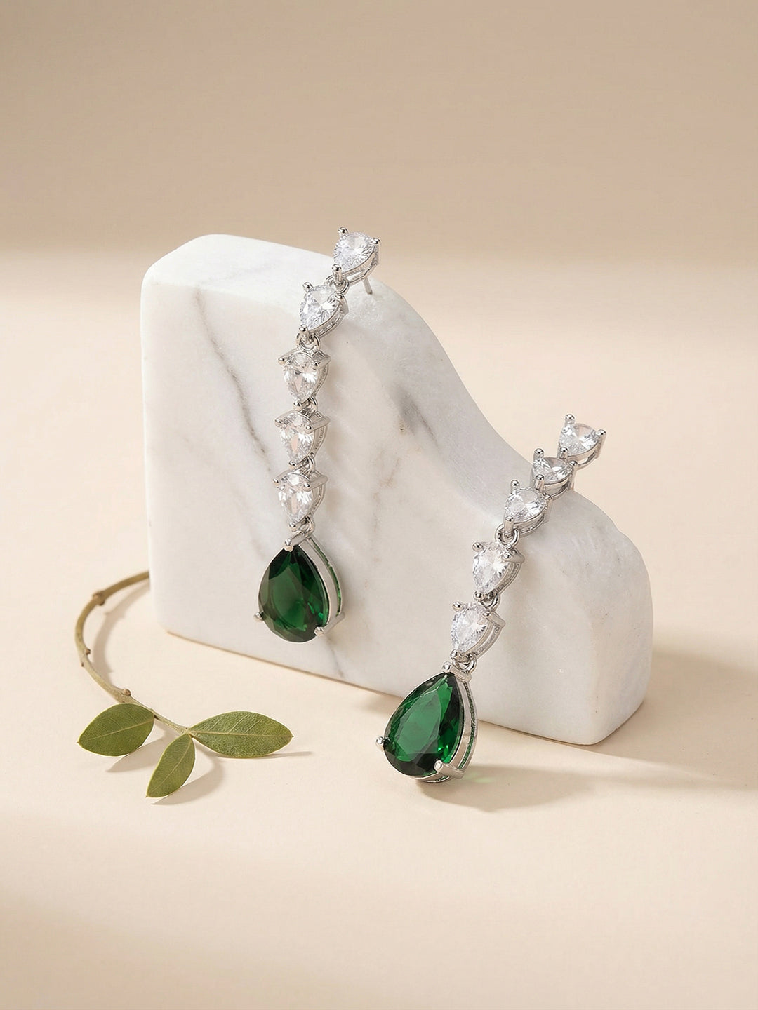Silver Rhodium Plated Emerald Green Zirconia Designer Bridal Earrings