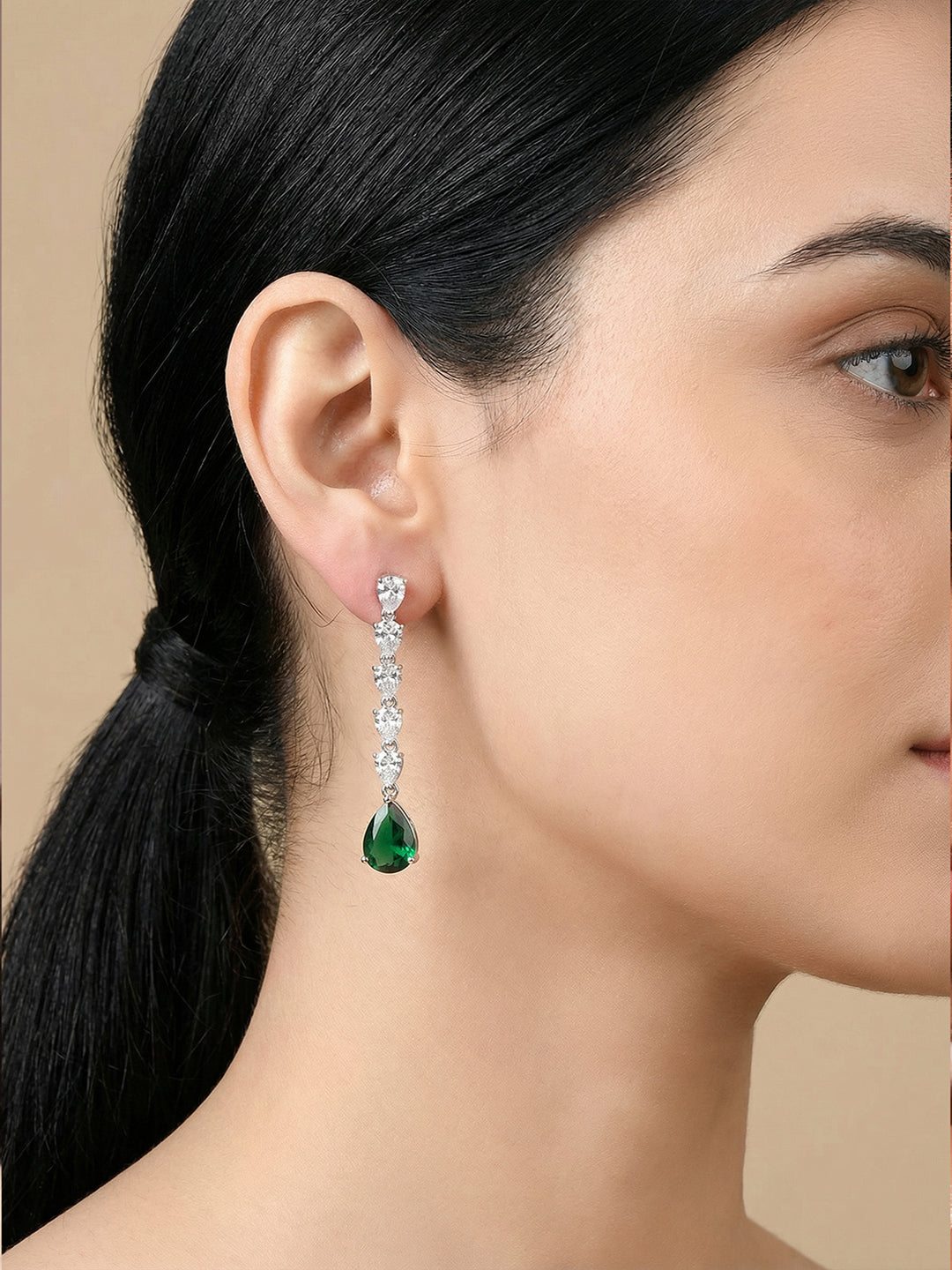 Silver Rhodium Plated Emerald Green Zirconia Designer Bridal Earrings