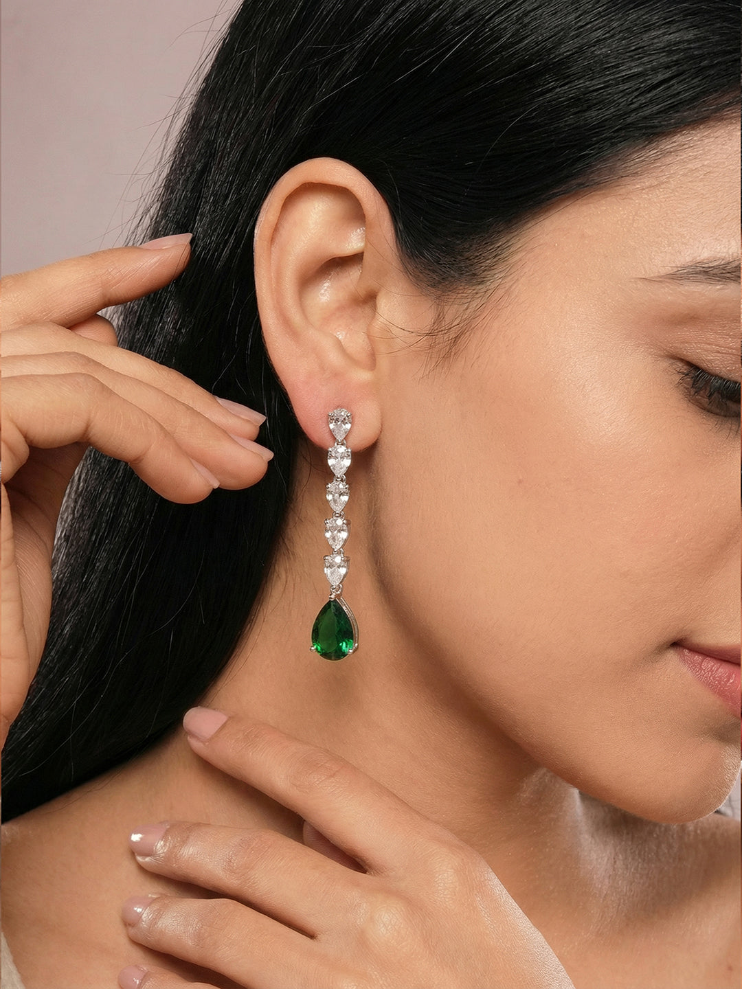 Silver Rhodium Plated Emerald Green Zirconia Designer Bridal Earrings