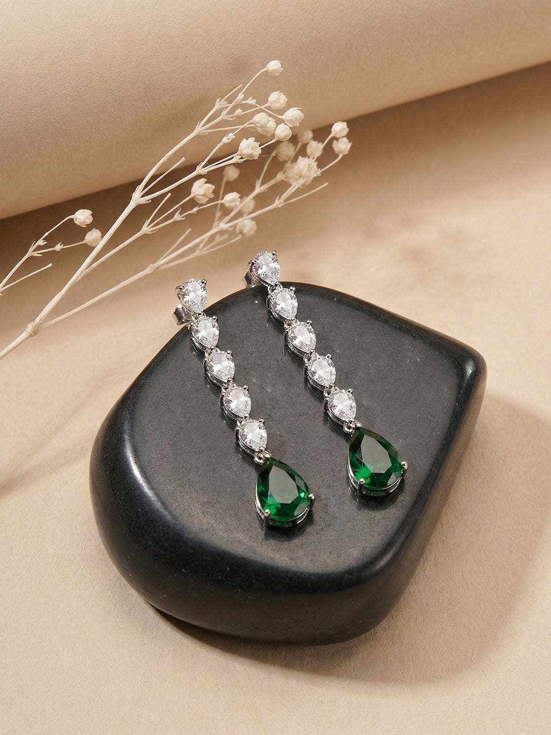 Silver Rhodium Plated Emerald Green Zirconia Designer Bridal Earrings
