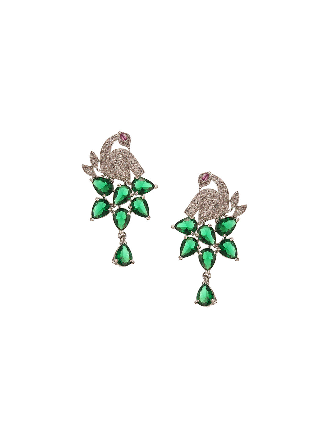 Silver Plated Emerald Green AD Peacock Statement Earrings