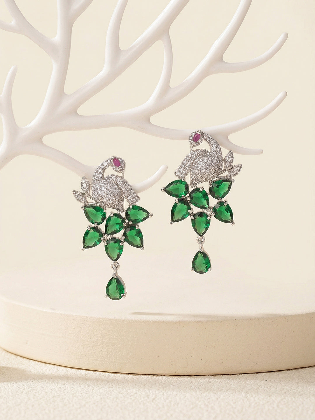 Silver Plated Emerald Green AD Peacock Statement Earrings