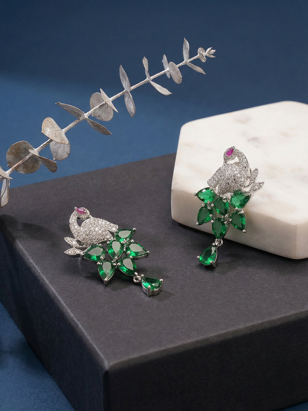 Silver Plated Emerald Green AD Peacock Statement Earrings