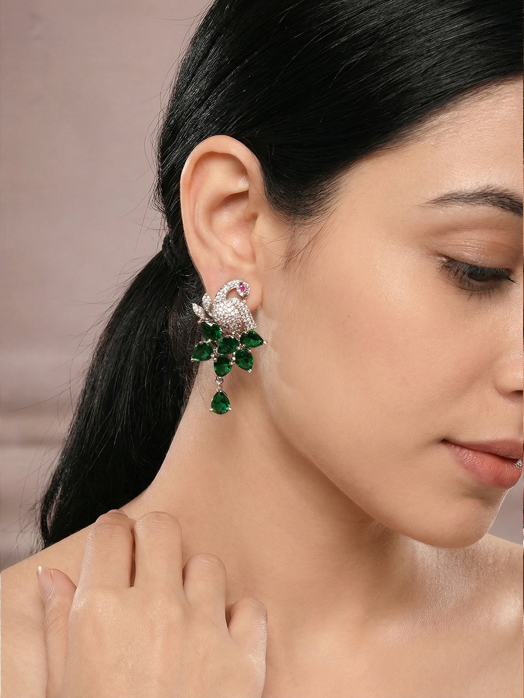 Silver Plated Emerald Green AD Peacock Statement Earrings