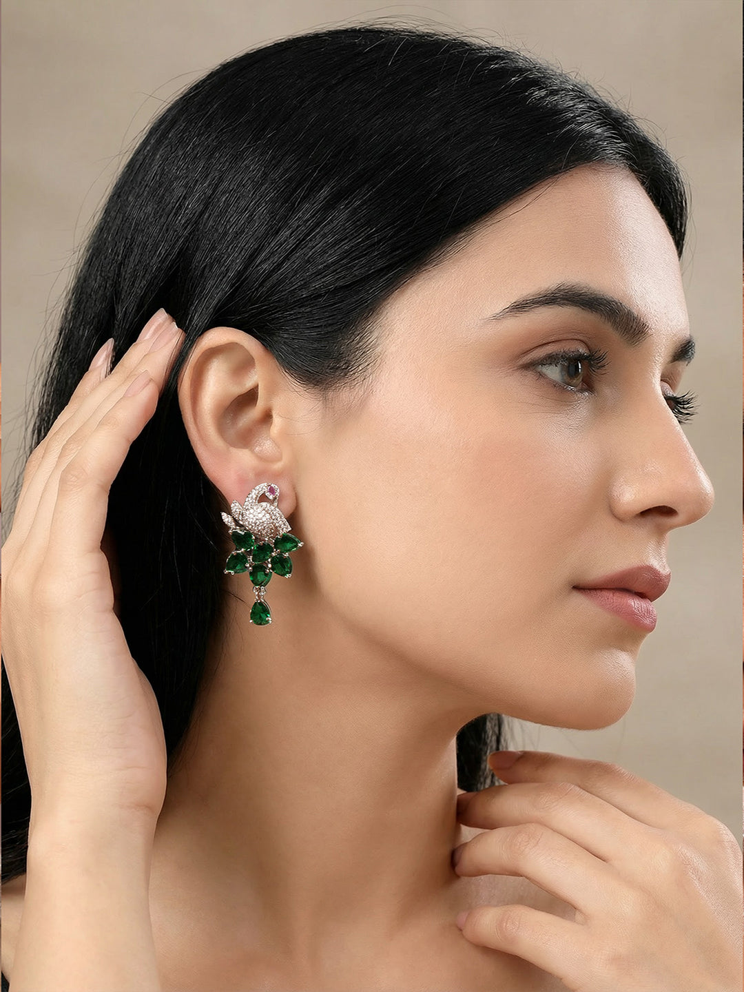 Silver Plated Emerald Green AD Peacock Statement Earrings