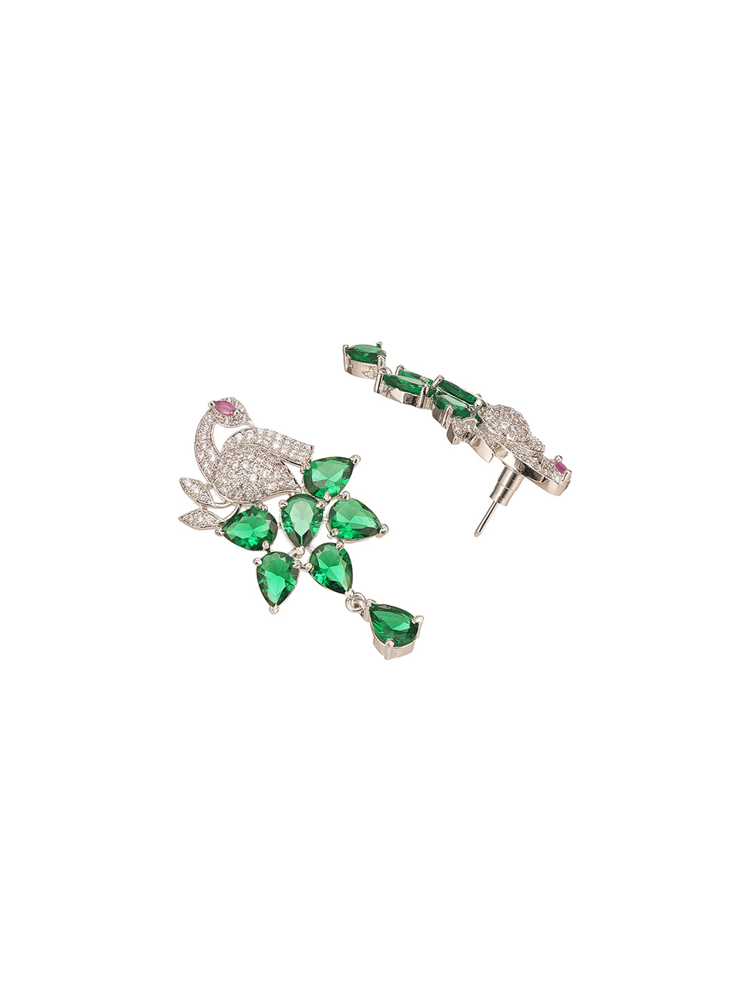 Silver Plated Emerald Green AD Peacock Statement Earrings