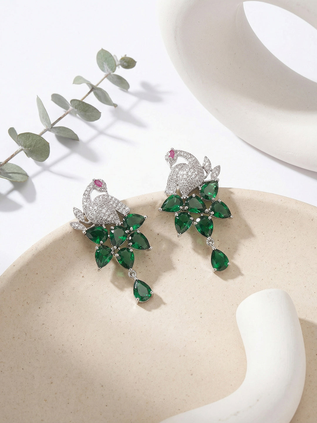 Silver Plated Emerald Green AD Peacock Statement Earrings