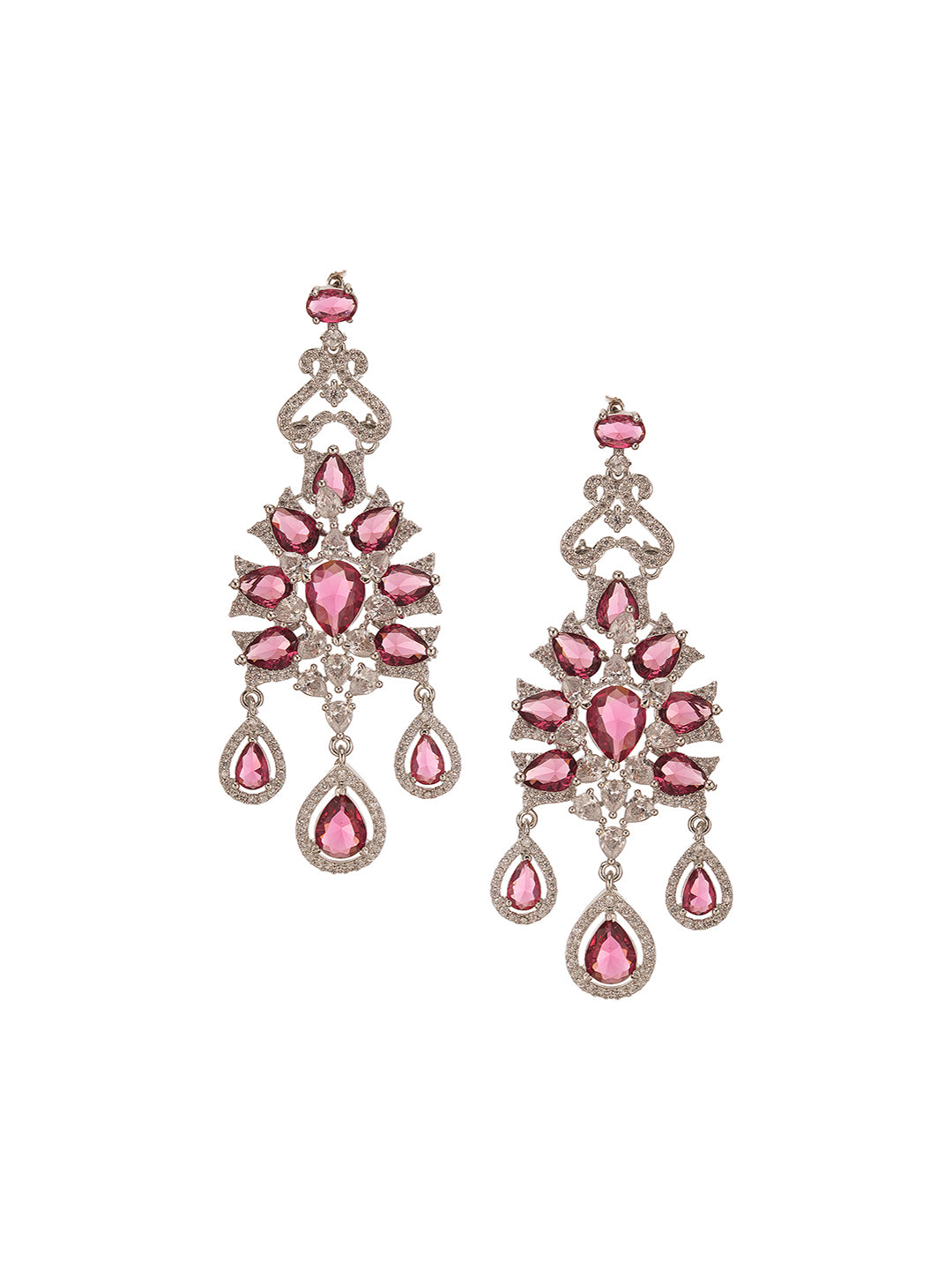 Silver Toned Ruby Red AD Zircon Chandelier Teardrop Statement Earrings
