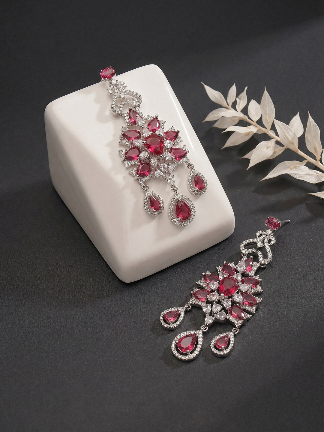 Silver Toned Ruby Red AD Zircon Chandelier Teardrop Statement Earrings