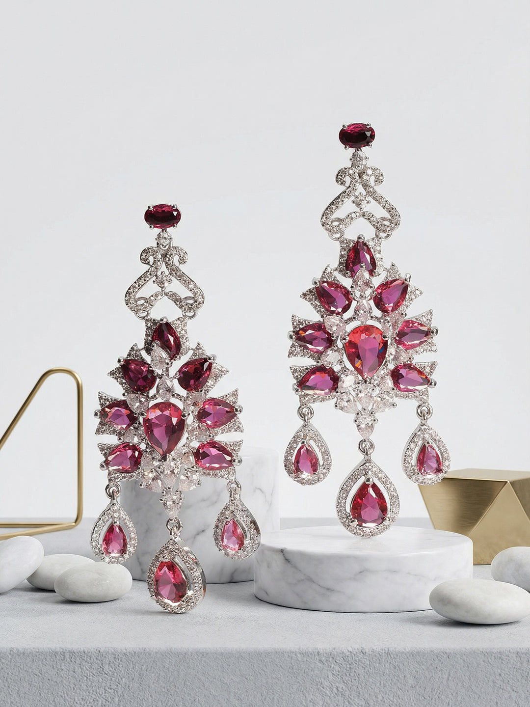 Silver Toned Ruby Red AD Zircon Chandelier Teardrop Statement Earrings