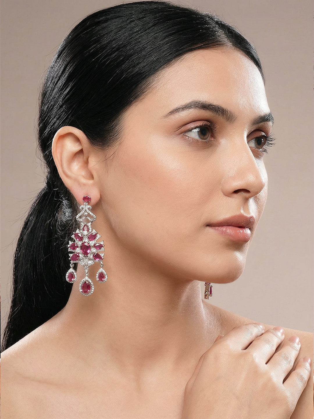 Silver Toned Ruby Red AD Zircon Chandelier Teardrop Statement Earrings