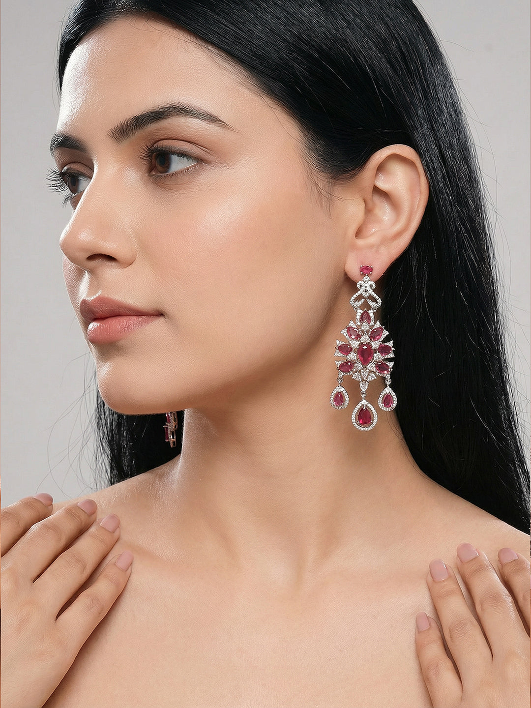 Silver Toned Ruby Red AD Zircon Chandelier Teardrop Statement Earrings