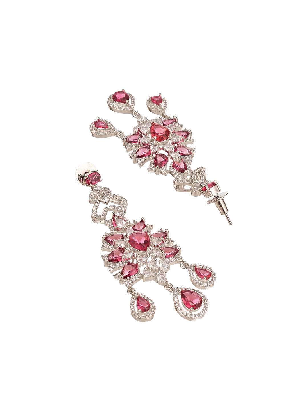 Silver Toned Ruby Red AD Zircon Chandelier Teardrop Statement Earrings