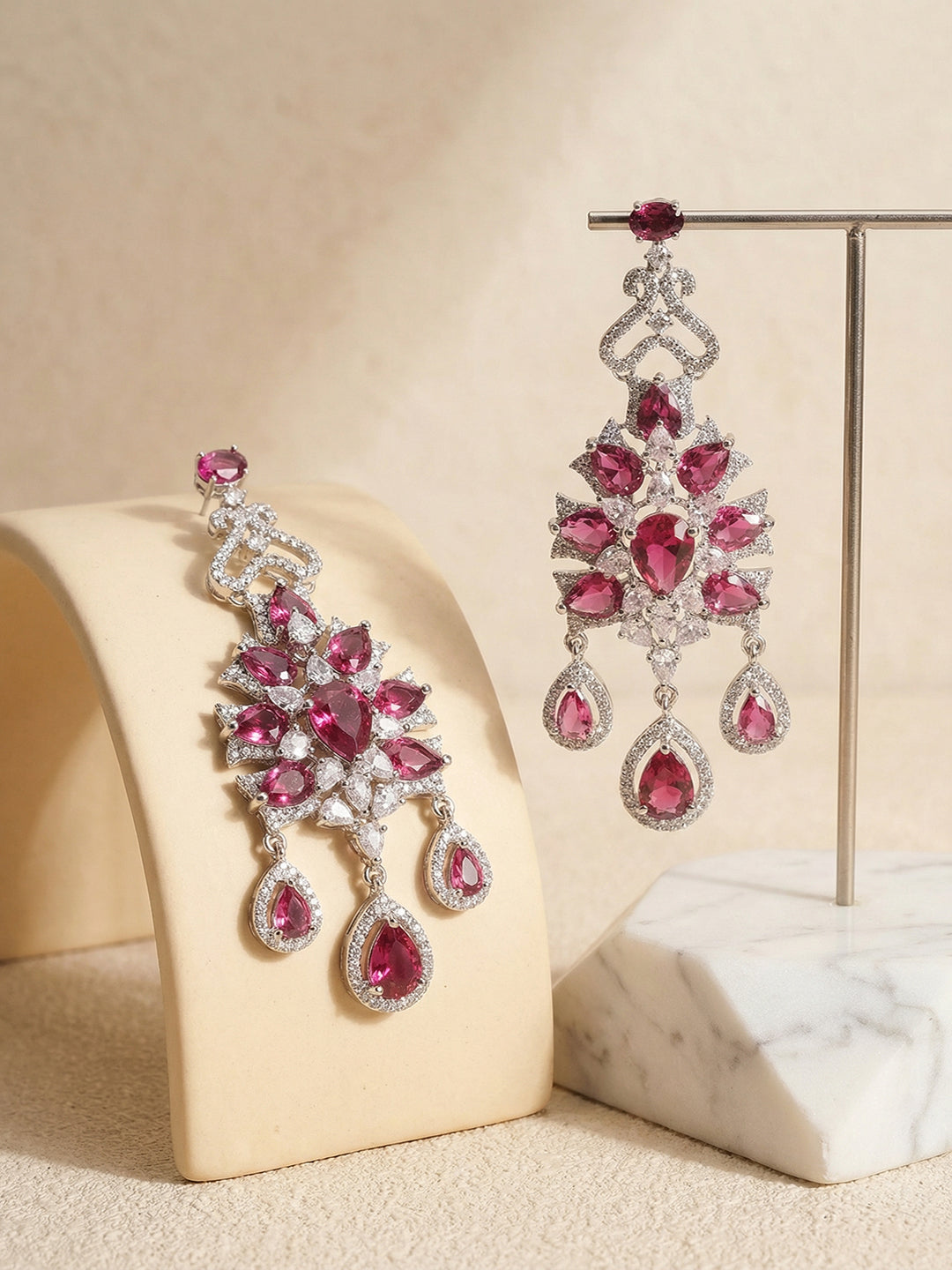 Silver Toned Ruby Red AD Zircon Chandelier Teardrop Statement Earrings