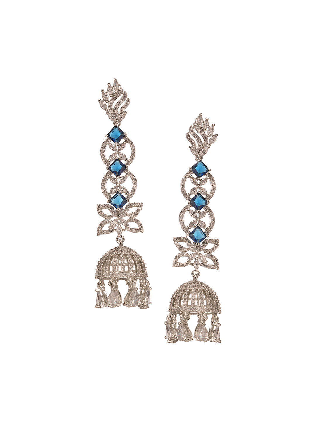Silver Toned Blue AD Zircon Contemporary Drop Jhumka Earrings