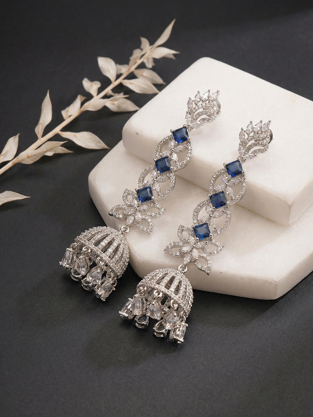 Silver Toned Blue AD Zircon Contemporary Drop Jhumka Earrings